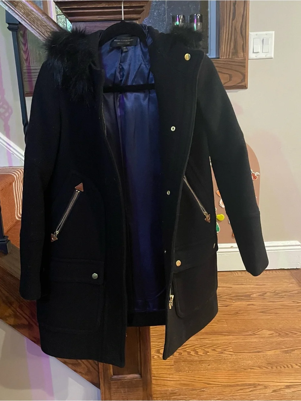 J. Crew Black Wool Hooded Pea Coat with Faux Fur Trim Nello Gori - Picture 2 of 4